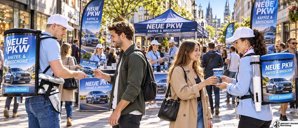 Promoter mit individuell gestalteten Getränkerucksäcken präsentieren neue Automodelle und verteilen Getränke sowie Informationsbroschüren in einer Einkaufsstraße.