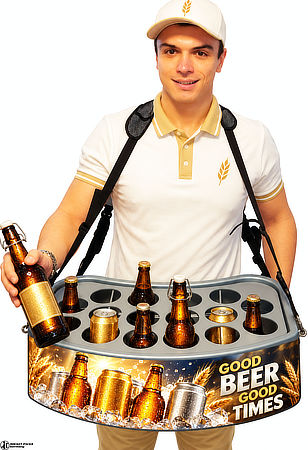 Promoter mit Bier-Bauchladen und mehreren Bierflaschen für den mobilen Getränkeverkauf.