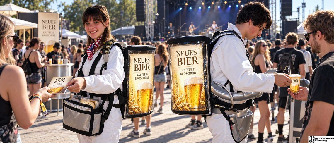 Zwei Promoter mit individuell gestalteten Bierrucksäcken verteilen Bier und Werbebroschüren an Festivalbesucher vor einer Konzertbühne.