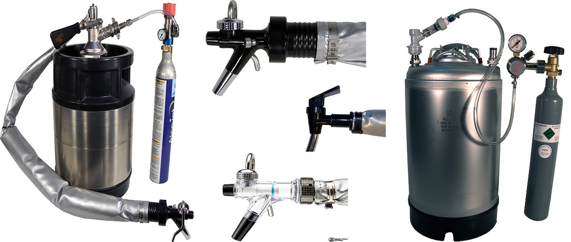 Edelstahl-Getränkebehälter mit Zapfhähnen und CO₂-Druckversorgung für den mobilen Bierausschank