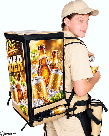 Promoterin mit Rocketpacks TwinPack Rucksack für Bierdosen und Bierflaschen mit großflächiger Bierwerbung für mobilen Getränkeverkauf.