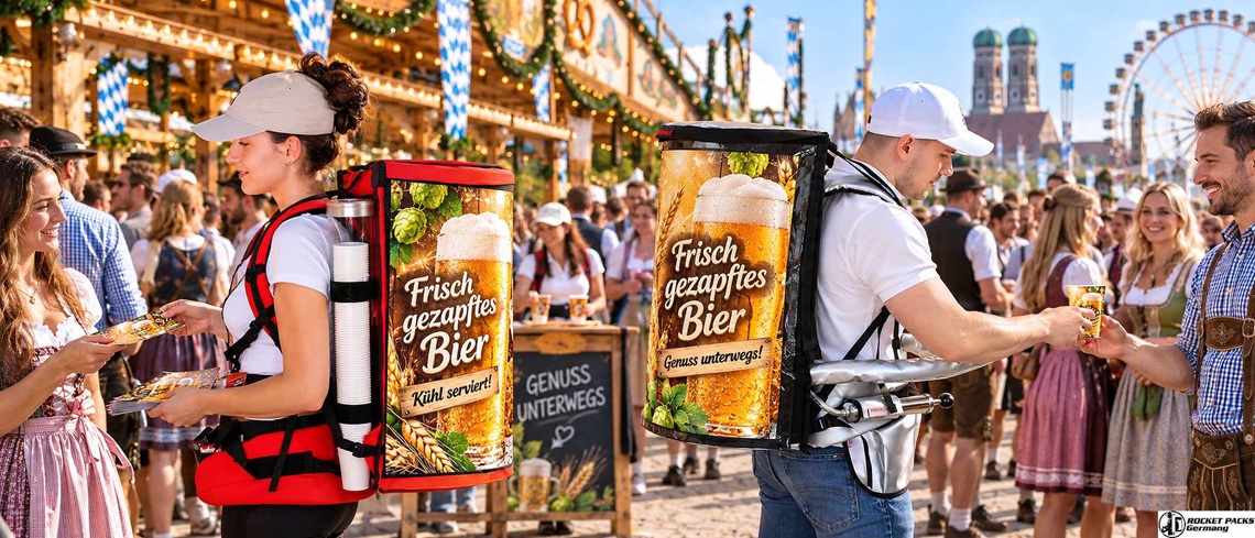 Zwei Promoter mit Bierrucksäcken verteilen Bier und Werbematerial auf einem belebten Volksfest