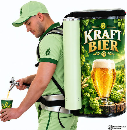 Promoter mit grünem Rocketpacks Bierrucksack, CO2-Druckflasche und Zapfhahn beim mobilen Ausschank von Bier in einen Getränkebecher.