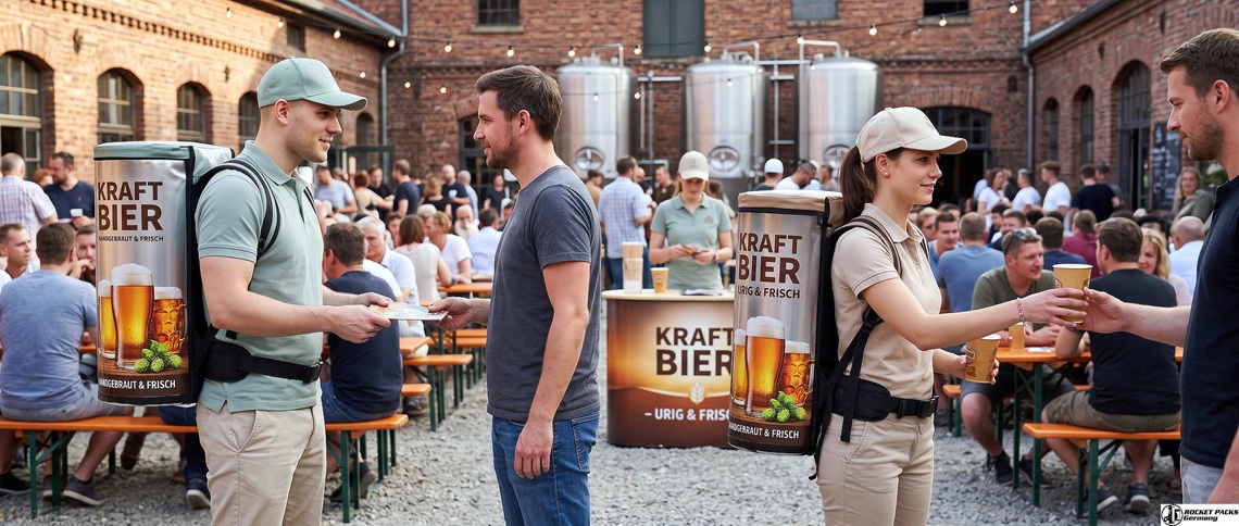 Zwei Promoter mit Bierrucksäcken verteilen Bier und Werbematerial an Besucher eines Brauereifestes