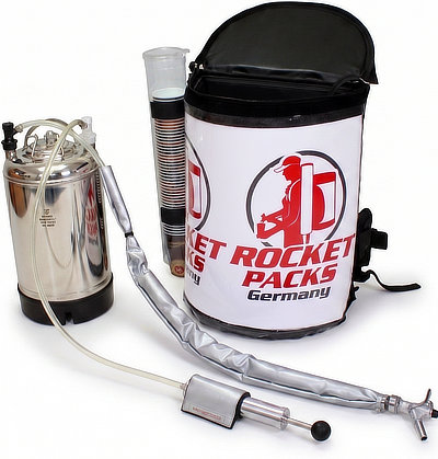Rocketpacks Bierrucksack mit Edelstahl-Getränkebehälter, isolierter Zapfleitung und Becherspender
