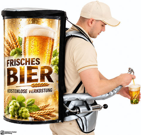Promoter mit Rocketpacks Bierrucksack und mobiler Bierzapfanlage beim Ausschank von frisch gezapftem Bier in einen Becher.