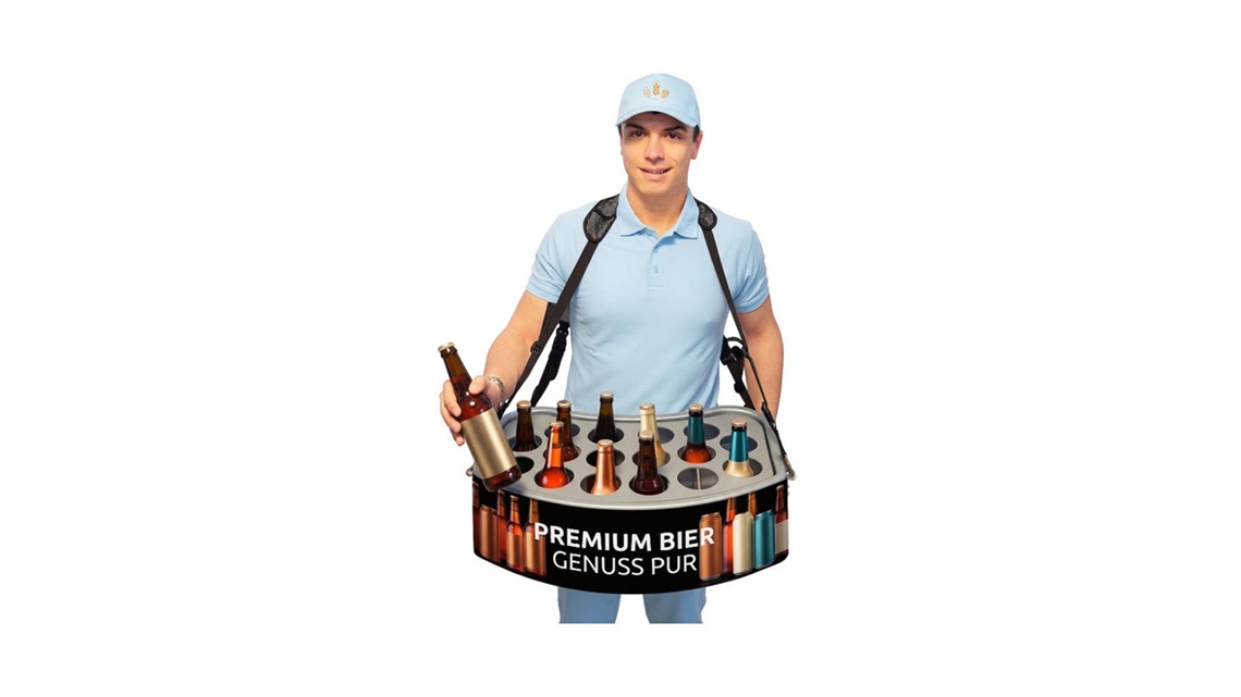 Ergonomisch gestalteter Bauchladen für den direkten Verkauf von Flaschen- oder Dosenbier im Stadion und auf Festen.