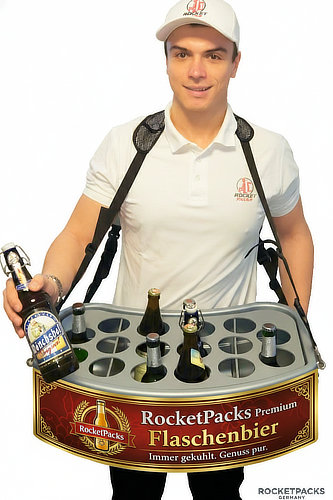 Ergonomischer Rocketpacks Getränker bauchladen mit gepolsterten Gurten für rückenschonendes Arbeiten bei langen Einsätzen.