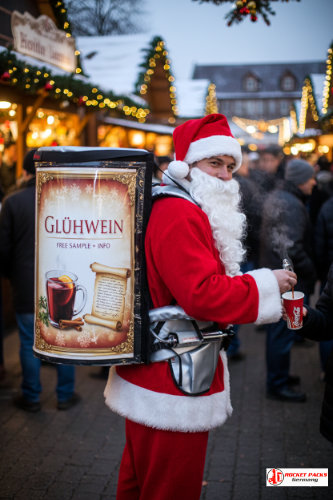 Münchner Christkindlmarkt mit mobilem Glühwein-Getränkerucksack Catering, heiß serviert zwischen Marktständen, ideal für flexible Versorgung ohne festen Standplatz.