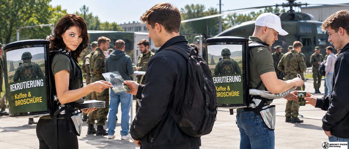 Promoter mit individuell gestalteten Getränkerucksäcken verteilen Getränke und Informationsbroschüren bei einem militärischen Karriere-Infotag.