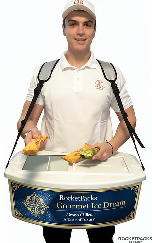 Mobiler Eiscreme und Bier -Bauchladen von RocketPacks mit aktiver Isolierung für den Verkauf von Speiseeis